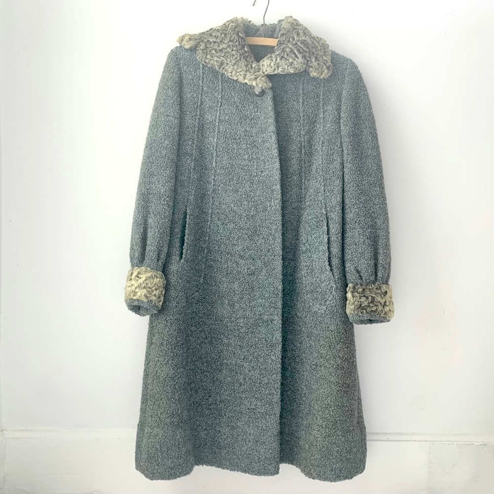 vintage 50s/60s wool boucle long winter coat with curly wool shearling trim - Picture 1 of 9